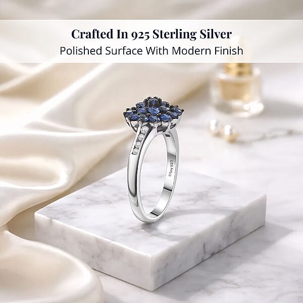 D'Joy Ceylon Blue Sapphire White Zircon Royal Bloom Ring In Rhodium Over Sterling Silver 1.30 Ctw
