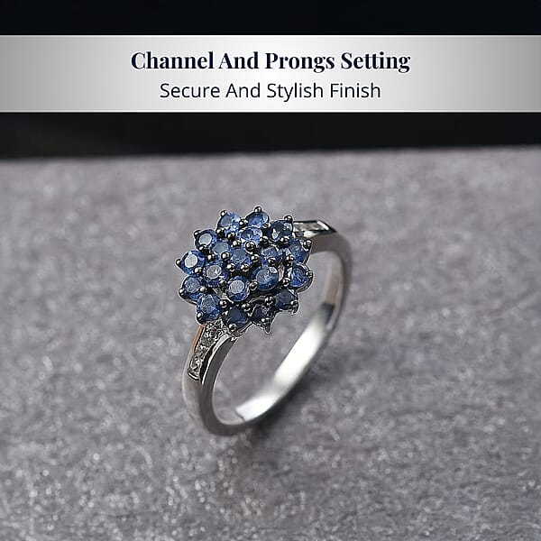 D'Joy Ceylon Blue Sapphire White Zircon Royal Bloom Ring In Rhodium Over Sterling Silver 1.30 Ctw