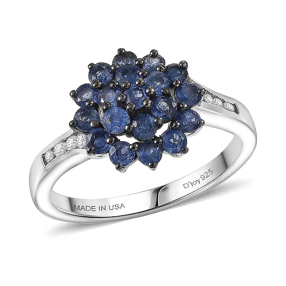 D'Joy Ceylon Blue Sapphire White Zircon Royal Bloom Ring in Rhodium Over Sterling Silver 1.30 ctw