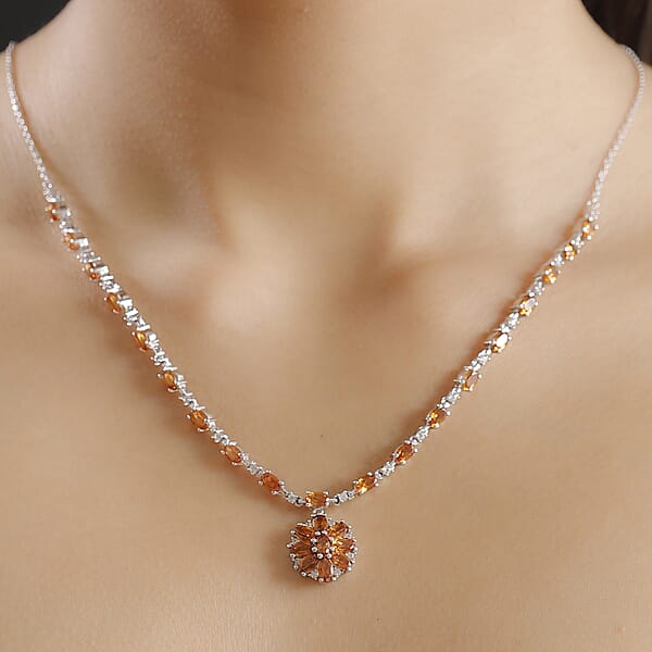 D'Joy Ceylon Honey Garnet White Zircon Necklace In Rhodium Over Sterling Silver 8.90 Ctw (18 Inches)