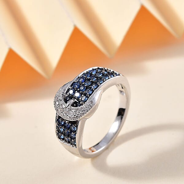 D'Joy Ceylon Sapphire And White Zircon 1.25 Ctw Buckle Ring In Rhodium Over Sterling Silver