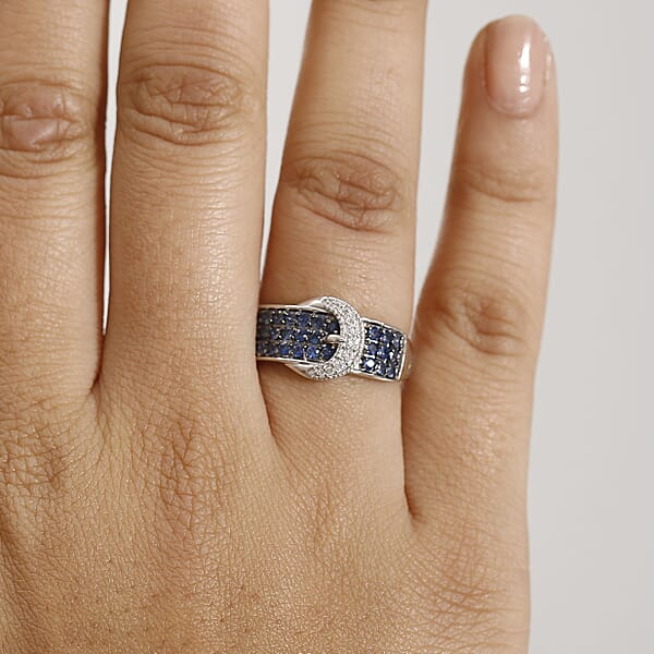 D'Joy Ceylon Sapphire And White Zircon 1.25 Ctw Buckle Ring In Rhodium Over Sterling Silver