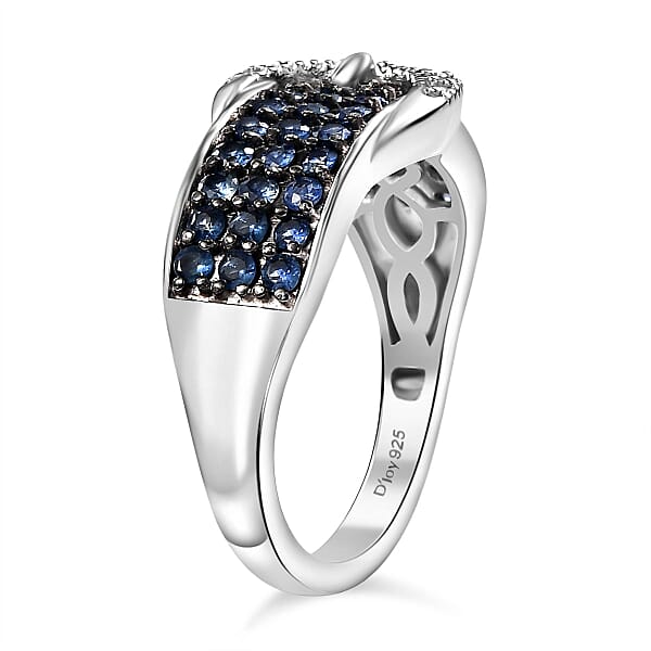 D'Joy Ceylon Sapphire And White Zircon 1.25 Ctw Buckle Ring In Rhodium Over Sterling Silver