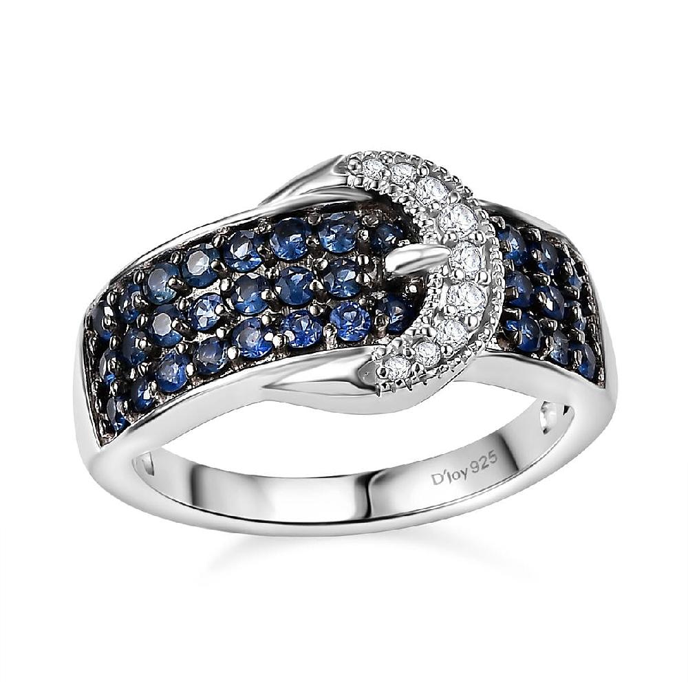 D'Joy Ceylon Sapphire and White Zircon 1.25 ctw Buckle Ring in Rhodium Over Sterling Silver
