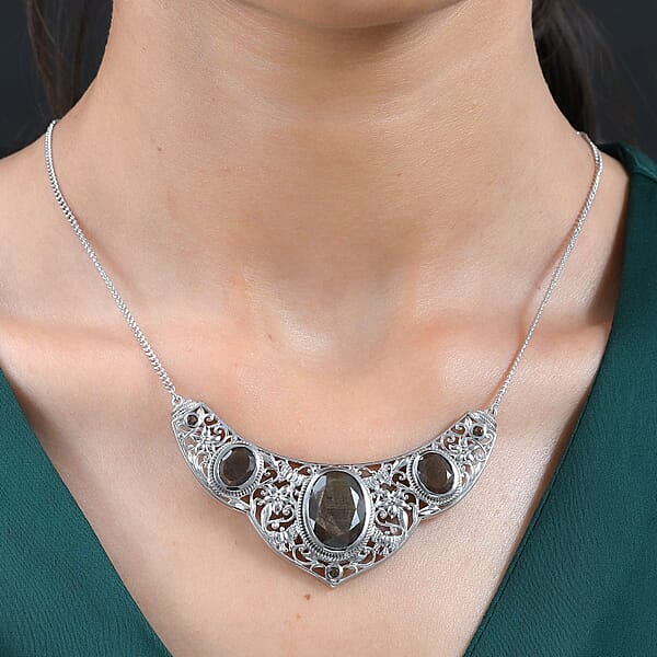 D'Joy Chocolate Sapphire And Smoky Quartz Necklace 18 Inches In Platinum Over Sterling Silver 22.15 Ctw