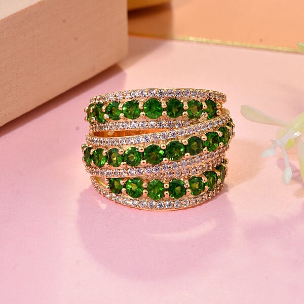 D'Joy Chrome Diopside And White Zircon 6.60 Ctw Crossover Bridge Ring In 18K Vermeil Yellow Gold Over Sterling Silver