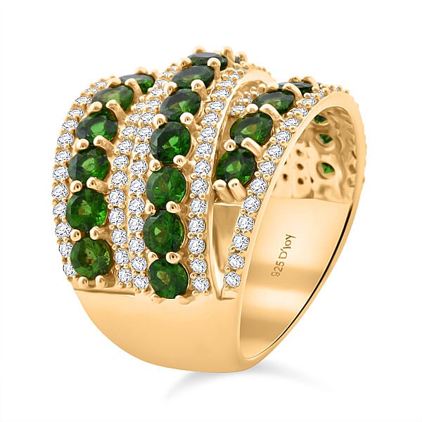 D'Joy Chrome Diopside And White Zircon 6.60 Ctw Crossover Bridge Ring In 18K Vermeil Yellow Gold Over Sterling Silver
