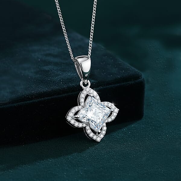 D'Joy Clover Cut Moissanite 3.00 Ctw Royal Bloom Pendant Necklace In Rhodium Over Sterling Silver 18 Inches