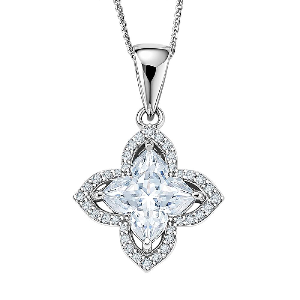 D'Joy Clover Cut Moissanite 3.00 ctw Royal Bloom Pendant Necklace in Rhodium Over Sterling Silver 18 Inches