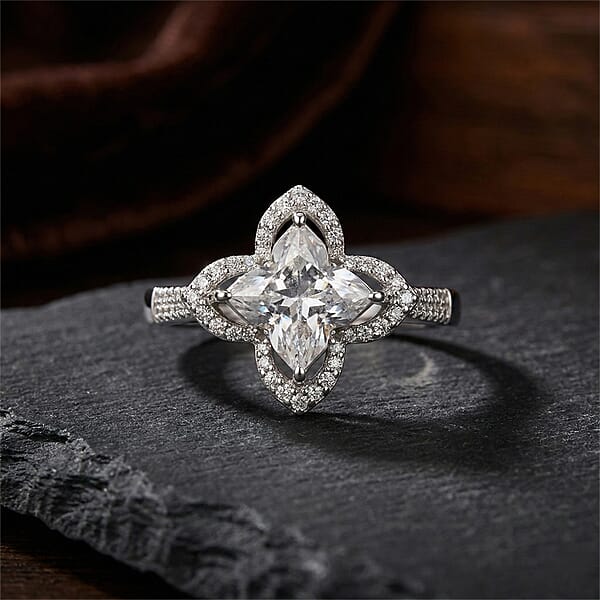 D'Joy Clover Cut Moissanite 3.10 Ctw Royal Bloom Ring In Rhodium Over Sterling Silver