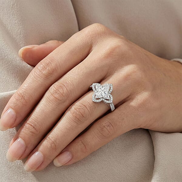 D'Joy Clover Cut Moissanite 3.10 Ctw Royal Bloom Ring In Rhodium Over Sterling Silver