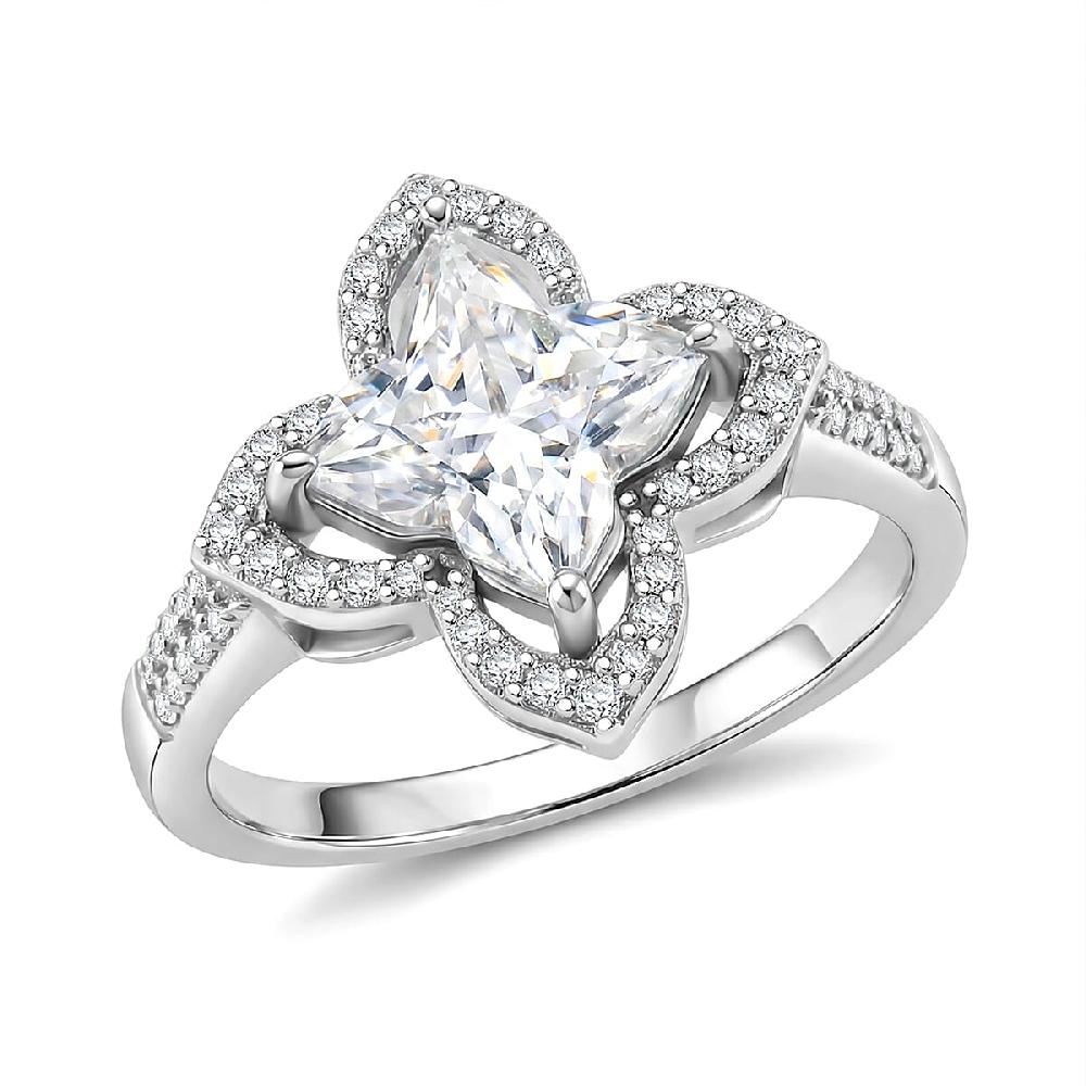 D'Joy Clover Cut Moissanite 3.10 ctw Royal Bloom Ring in Rhodium Over Sterling Silver