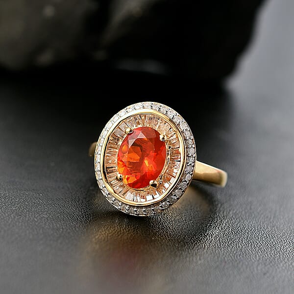 D'Joy Crimson Fire Opal And Diamond 1.50 Ctw Solar Flare Ring In 18K Vermeil Yellow Gold Over Sterling Silver