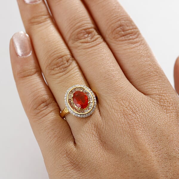 D'Joy Crimson Fire Opal And Diamond 1.50 Ctw Solar Flare Ring In 18K Vermeil Yellow Gold Over Sterling Silver