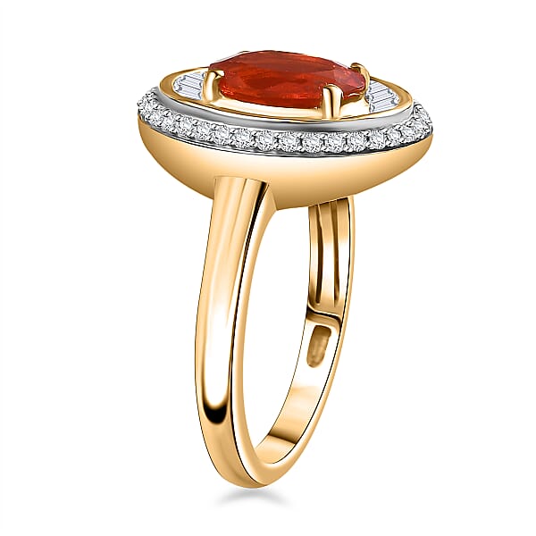 D'Joy Crimson Fire Opal And Diamond 1.50 Ctw Solar Flare Ring In 18K Vermeil Yellow Gold Over Sterling Silver