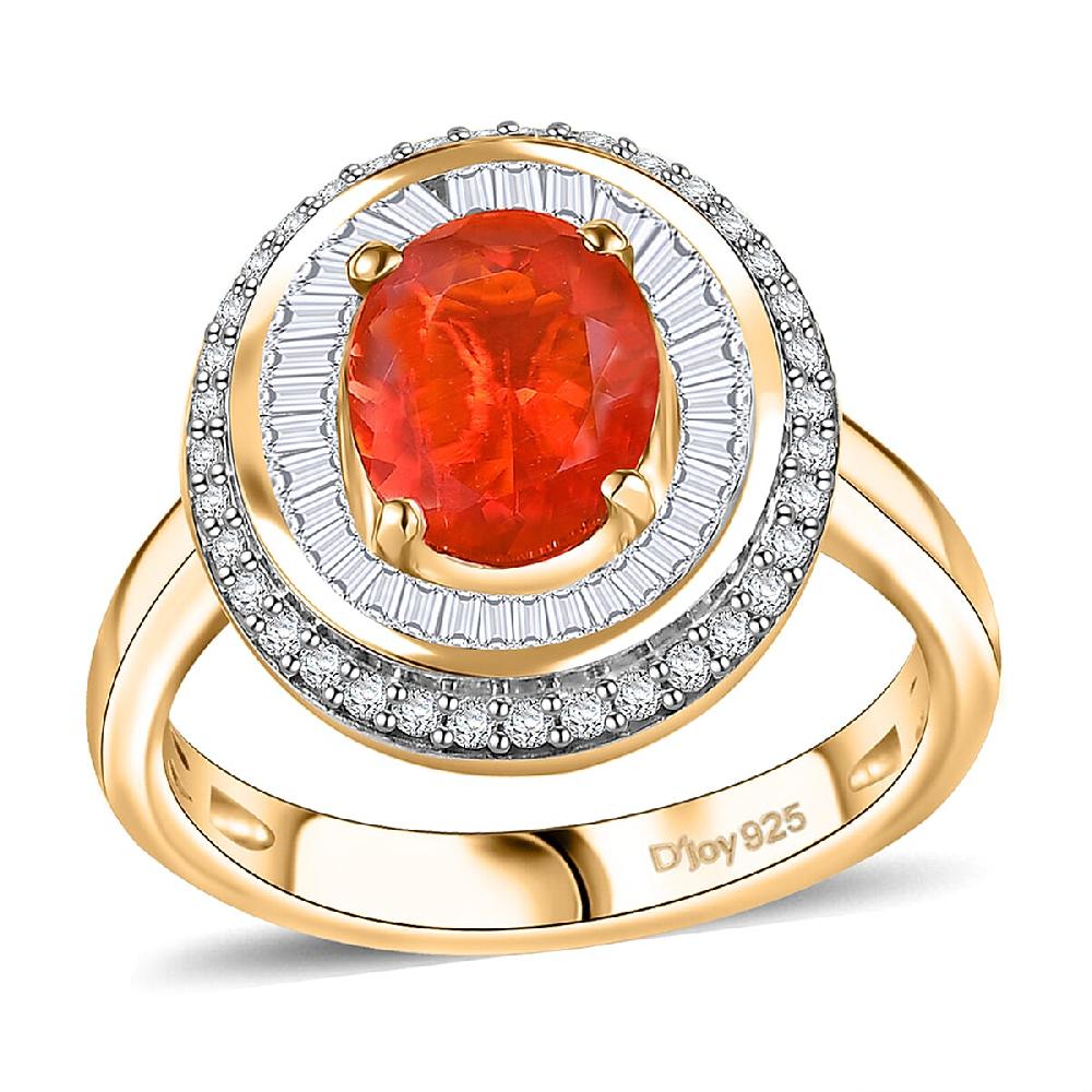 D'Joy Crimson Fire Opal and Diamond 1.50 ctw Solar Flare Ring in 18K Vermeil Yellow Gold Over Sterling Silver