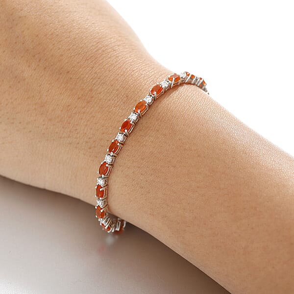 D'Joy Crimson Fire Opal And Moissanite 5.00 Ctw Fiery Tennis Bracelet In Rhodium Over Sterling Silver (7.25 In)