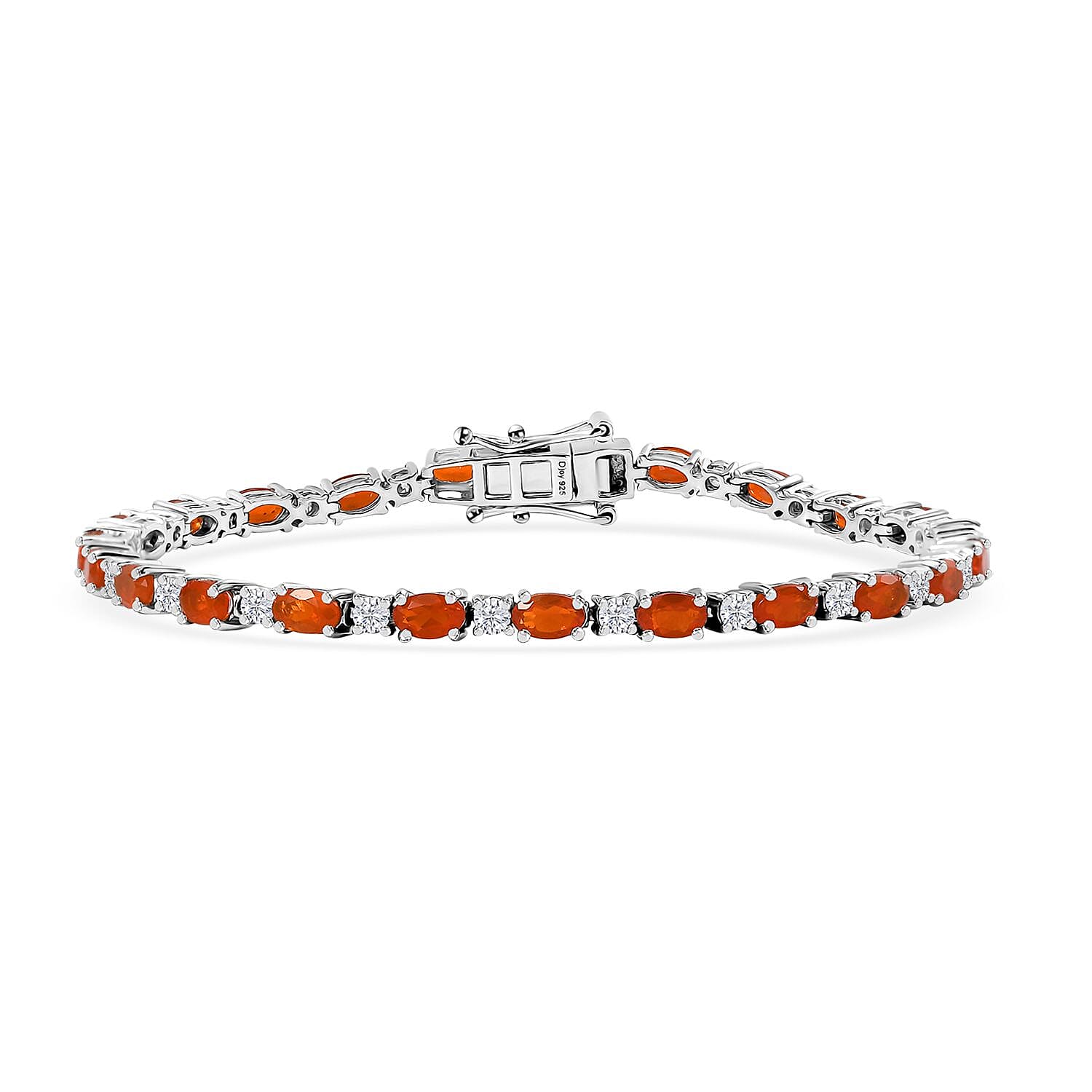 D'Joy Crimson Fire Opal and Moissanite 5.00 ctw Fiery Tennis Bracelet in Rhodium Over Sterling Silver (7.25 In)