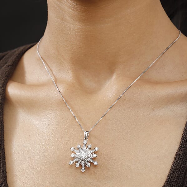 D'Joy Crisantemo Cut Moissanite 3.50 Ctw Snowflake Sparkle Pendant Necklace In Rhodium Over Sterling Silver 20 Inches