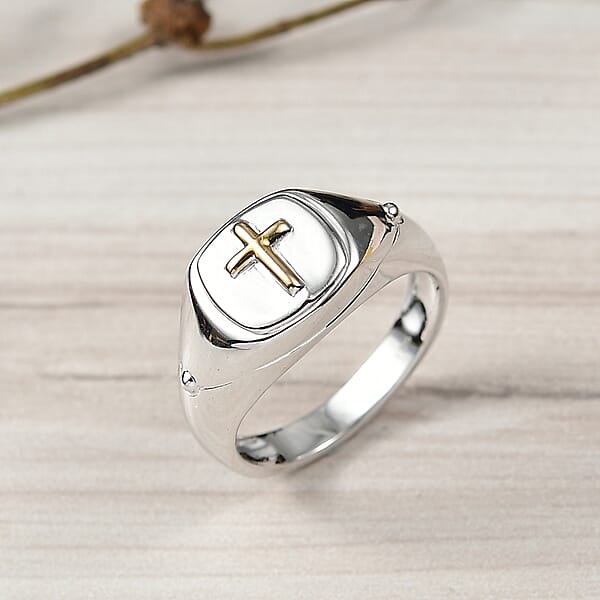 D'Joy Cross Mens Ring In 18K Vermeil YG And Rhodium Over Sterling Silver 6.55 Grams