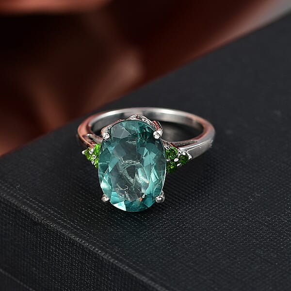 D'Joy Dean Teal Fluorite (IR) And Chrome Diopside 6.70 Ctw Caribbean Bloom Ring In Platinum Over Sterling Silver