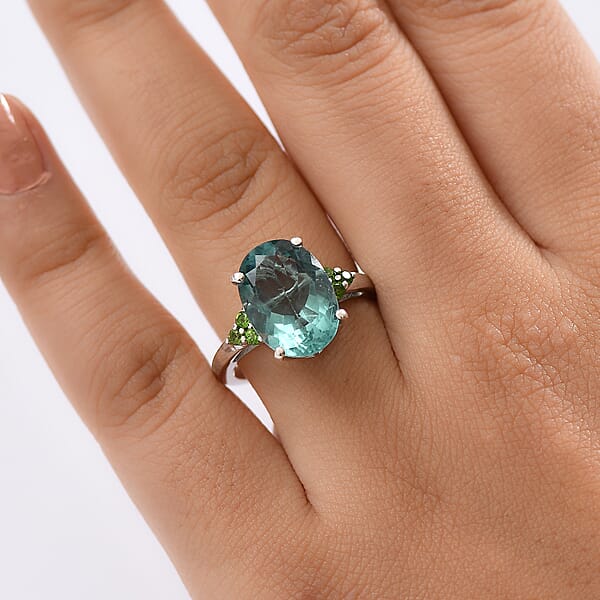 D'Joy Dean Teal Fluorite (IR) And Chrome Diopside 6.70 Ctw Caribbean Bloom Ring In Platinum Over Sterling Silver