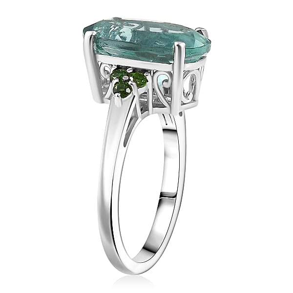 D'Joy Dean Teal Fluorite (IR) And Chrome Diopside 6.70 Ctw Caribbean Bloom Ring In Platinum Over Sterling Silver