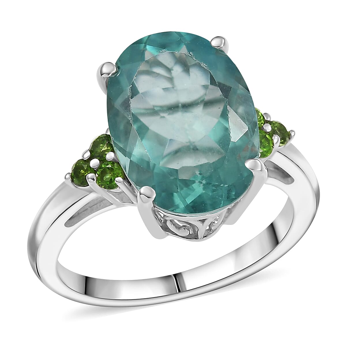 D'Joy Dean Teal Fluorite (IR) and Chrome Diopside 6.70 ctw Caribbean Bloom Ring in Platinum Over Sterling Silver