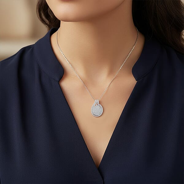 D'Joy Diamond Cocktail Pendant Necklace In Rhodium Over Sterling Silver 1.00 Ctw (20 Inches)
