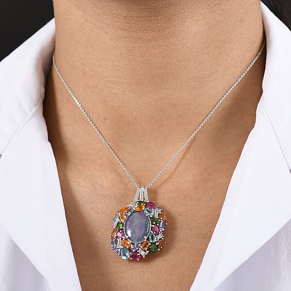 D'Joy Elysian Opal (Triplet) 13.40 Ctw Pendant Necklace 20 Inches In Rhodium Over Sterling Silver