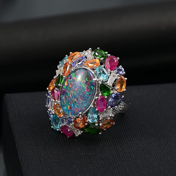 D'Joy Elysian Opal (Triplet) And Multi Gemstone 13.40 Ctw Ring In Rhodium Over Sterling Silver
