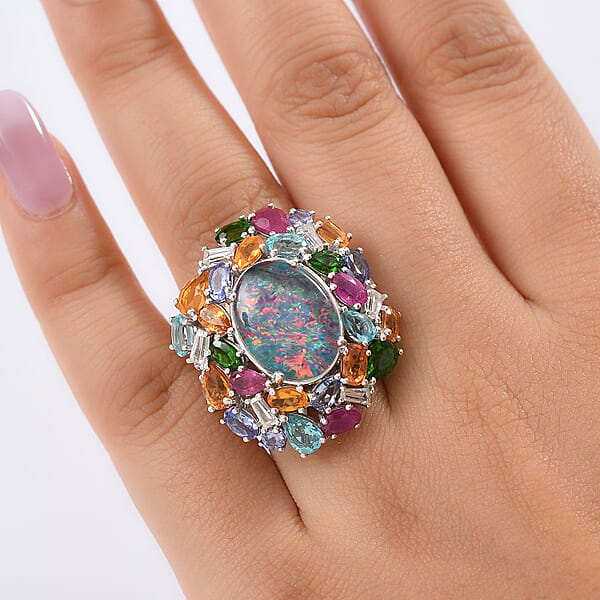 D'Joy Elysian Opal (Triplet) And Multi Gemstone 13.40 Ctw Ring In Rhodium Over Sterling Silver