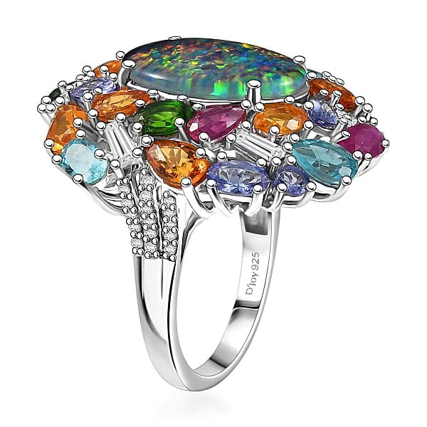 D'Joy Elysian Opal (Triplet) And Multi Gemstone 13.40 Ctw Ring In Rhodium Over Sterling Silver