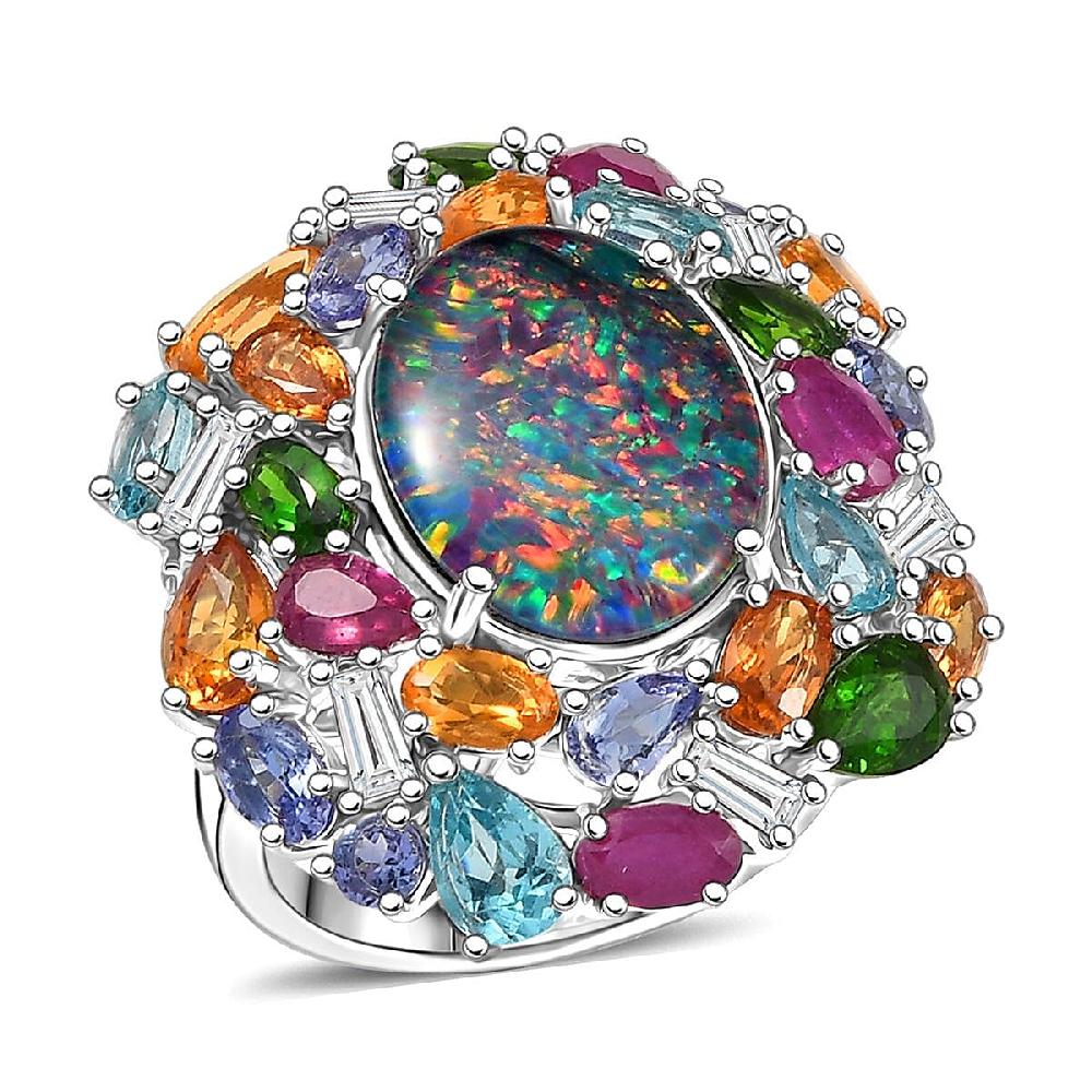 D'Joy Elysian Opal (Triplet) and Multi Gemstone 13.40 ctw Ring in Rhodium Over Sterling Silver