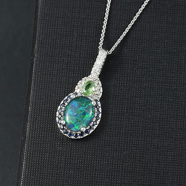D'Joy Elysian Opal (Triplet) And Multi Gemstone 3.50 Ctw Nebula Halo Pendant Necklace In Rhodium Over Sterling Silver 20 Inches