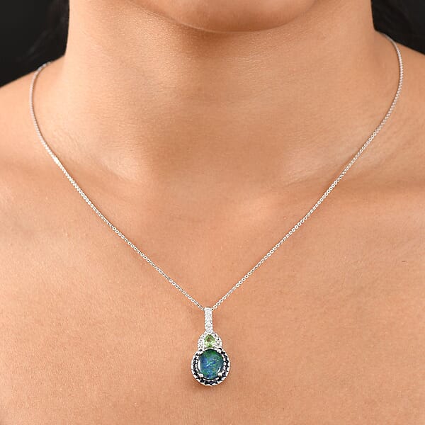 D'Joy Elysian Opal (Triplet) And Multi Gemstone 3.50 Ctw Nebula Halo Pendant Necklace In Rhodium Over Sterling Silver 20 Inches