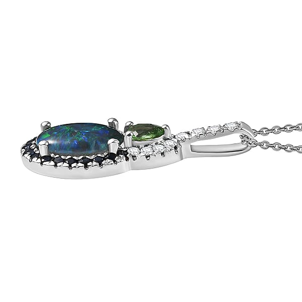 D'Joy Elysian Opal (Triplet) And Multi Gemstone 3.50 Ctw Nebula Halo Pendant Necklace In Rhodium Over Sterling Silver 20 Inches