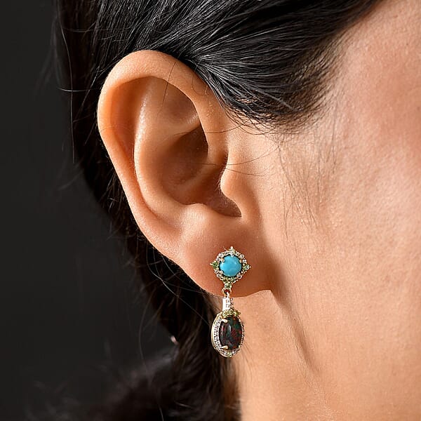 D'Joy Elysian Opal (Triplet) And Multi Gemstone 3.50 Ctw Celestial Night Sky Earrings In 18K Vermeil Yellow Gold Over Sterling Silver