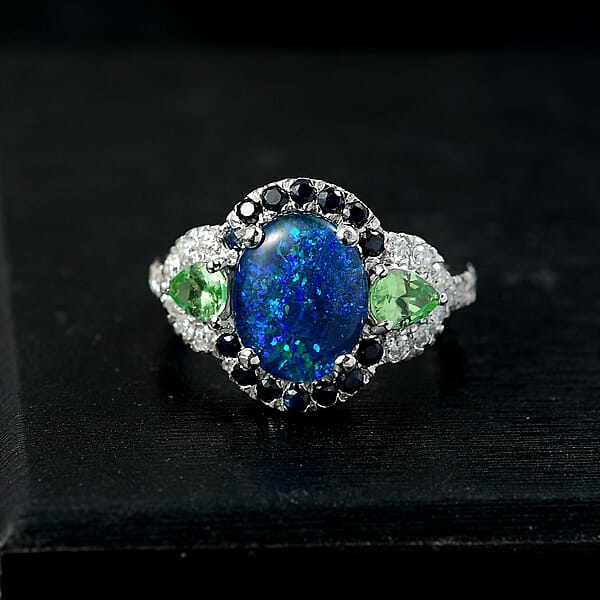 D'Joy Elysian Opal (Triplet) And Multi Gemstone 3.90 Ctw Nebula Halo Ring In Rhodium Over Sterling Silver