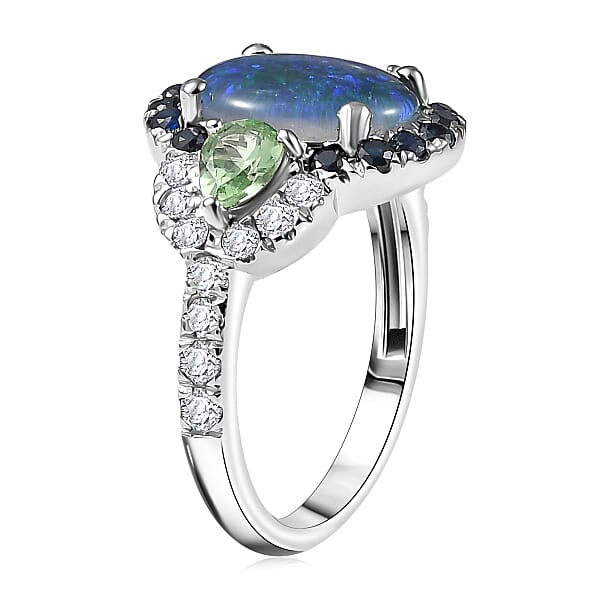 D'Joy Elysian Opal (Triplet) And Multi Gemstone 3.90 Ctw Nebula Halo Ring In Rhodium Over Sterling Silver