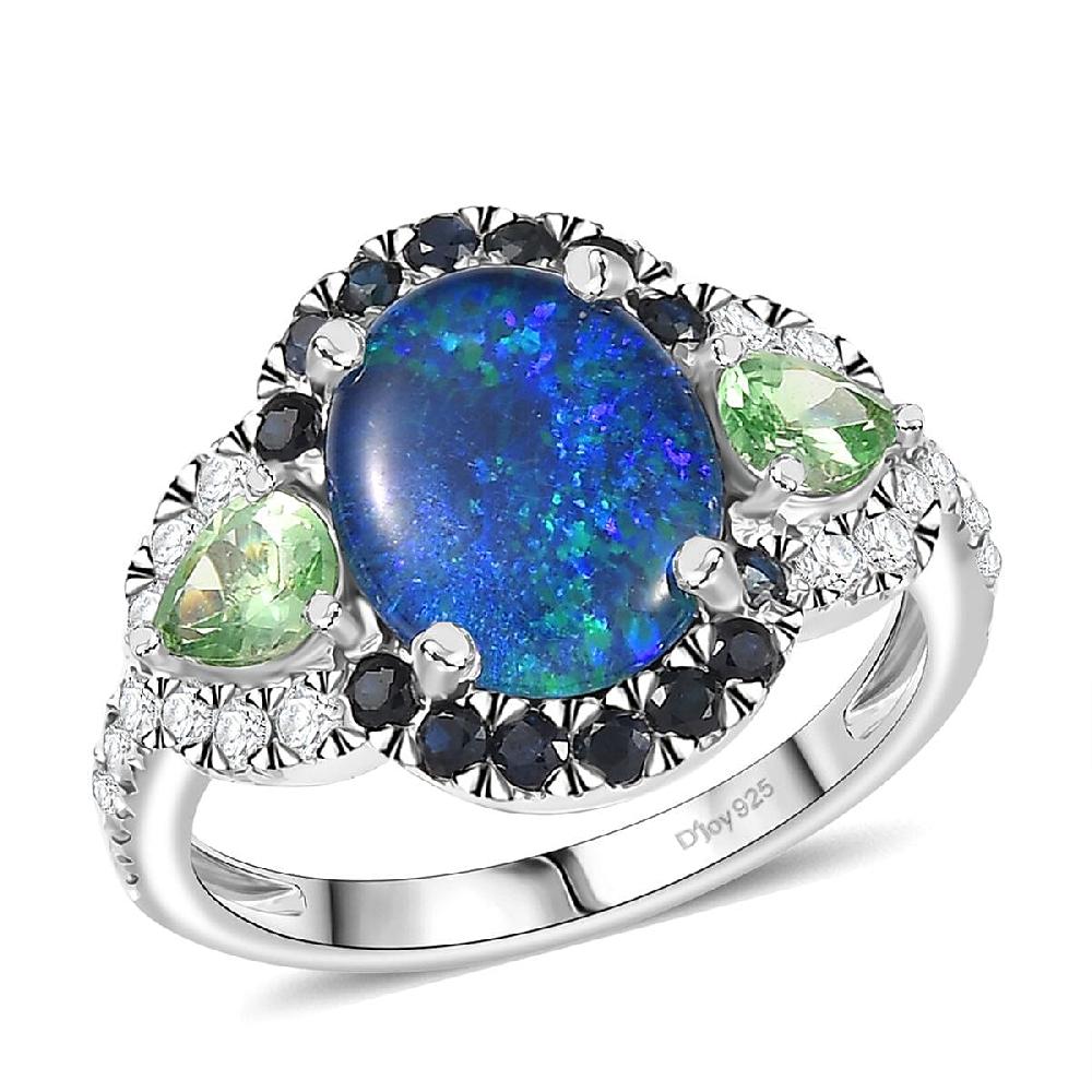 D'Joy Elysian Opal (Triplet) and Multi Gemstone 3.90 ctw Nebula Halo Ring in Rhodium Over Sterling Silver