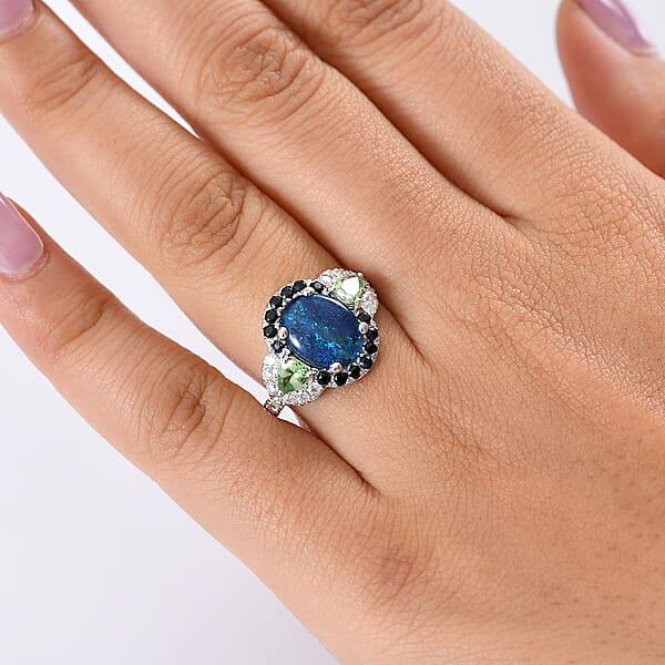 D'Joy Elysian Opal (Triplet) And Multi Gemstone 3.90 Ctw Nebula Halo Ring In Rhodium Over Sterling Silver
