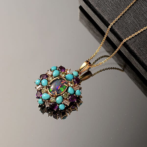 D'Joy Elysian Opal (Triplet) And Multi Gemstone 4.50 Ctw Cosmic Bloom Pendant Necklace In 18K Vermeil Yellow Gold Over Sterling Silver 20 Inches
