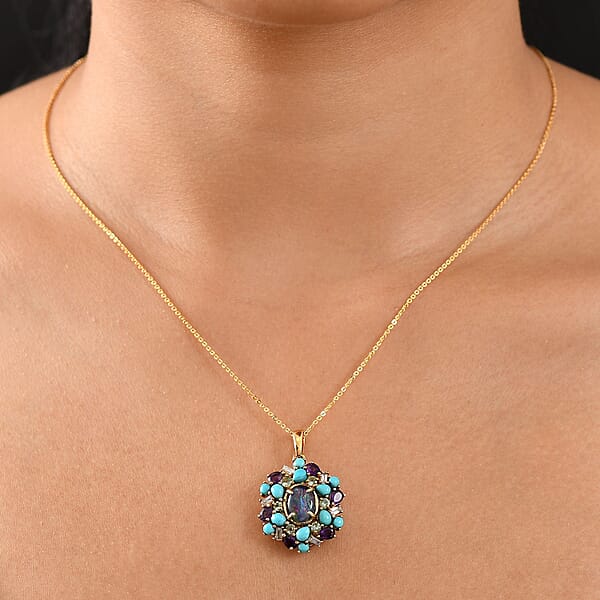D'Joy Elysian Opal (Triplet) And Multi Gemstone 4.50 Ctw Cosmic Bloom Pendant Necklace In 18K Vermeil Yellow Gold Over Sterling Silver 20 Inches