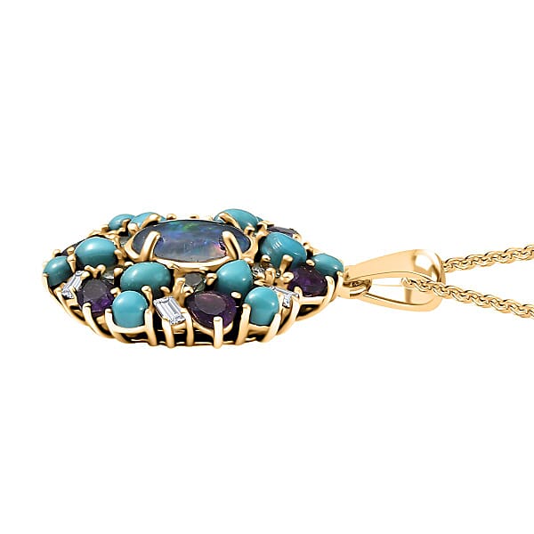D'Joy Elysian Opal (Triplet) And Multi Gemstone 4.50 Ctw Cosmic Bloom Pendant Necklace In 18K Vermeil Yellow Gold Over Sterling Silver 20 Inches