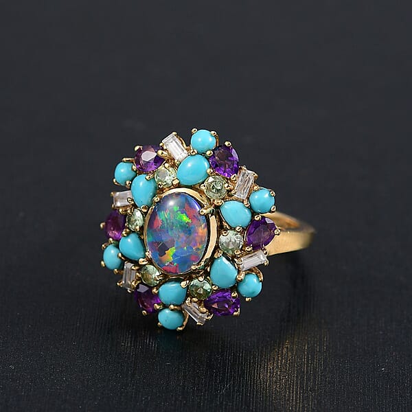 D'Joy Elysian Opal (Triplet) And Multi Gemstone 4.50 Ctw Cosmic Bloom Ring In 18K Vermeil Yellow Gold Over Sterling Silver