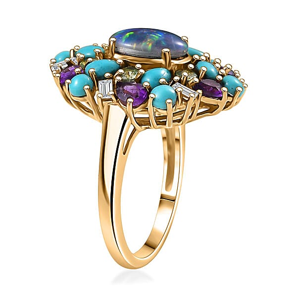 D'Joy Elysian Opal (Triplet) And Multi Gemstone 4.50 Ctw Cosmic Bloom Ring In 18K Vermeil Yellow Gold Over Sterling Silver