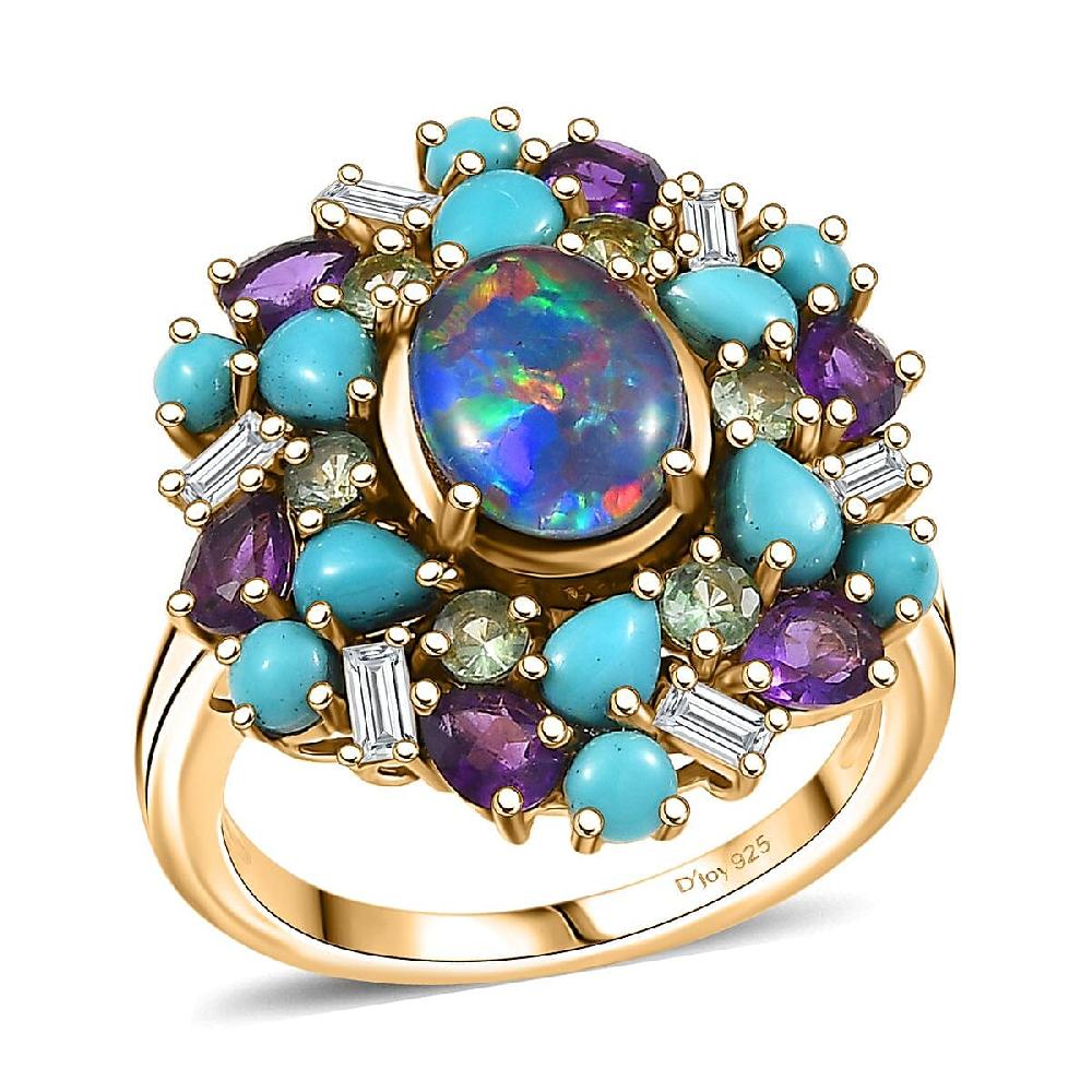 D'Joy Elysian Opal (Triplet) and Multi Gemstone 4.50 ctw Cosmic Bloom Ring in 18K Vermeil Yellow Gold Over Sterling Silver