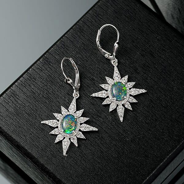 D'Joy Elysian Opal (Triplet) And White Zircon 2.90 Ctw Urban Aurora City Lights Earrings In Rhodium Over Sterling Silver