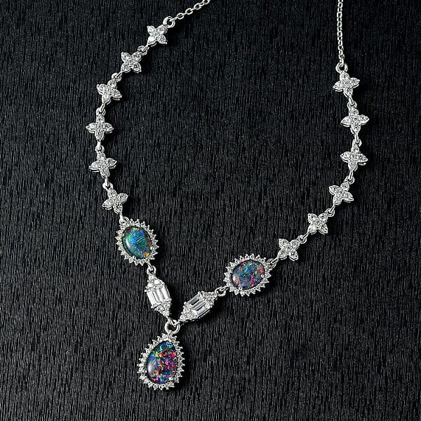 D'Joy Elysian Opal (Triplet) And White Zircon 6.75 Ctw City Skylines Necklace In Rhodium Over Sterling Silver 18 Inches